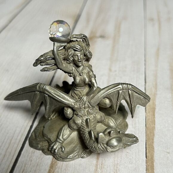 Spoontiques Pewter Woman Riding Winged Dragon Holding Crystal Ball Figurine 1985 - Picture 1 of 3